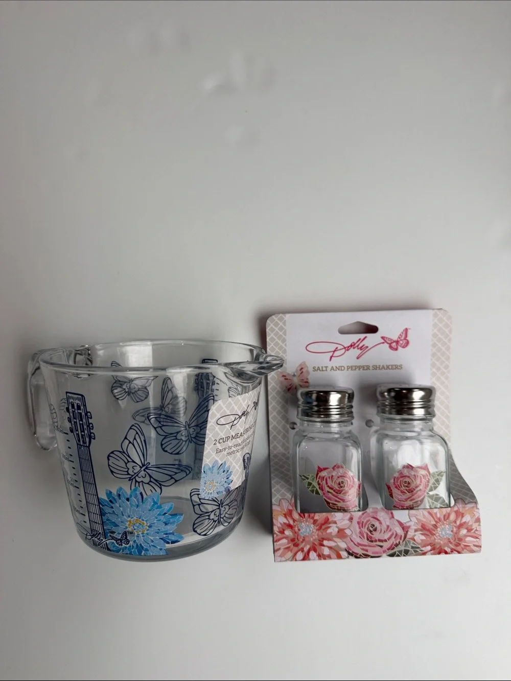 Dolly Parton Floral Glass Measuring Cup & Salt and Pepper Shaker Set NWT